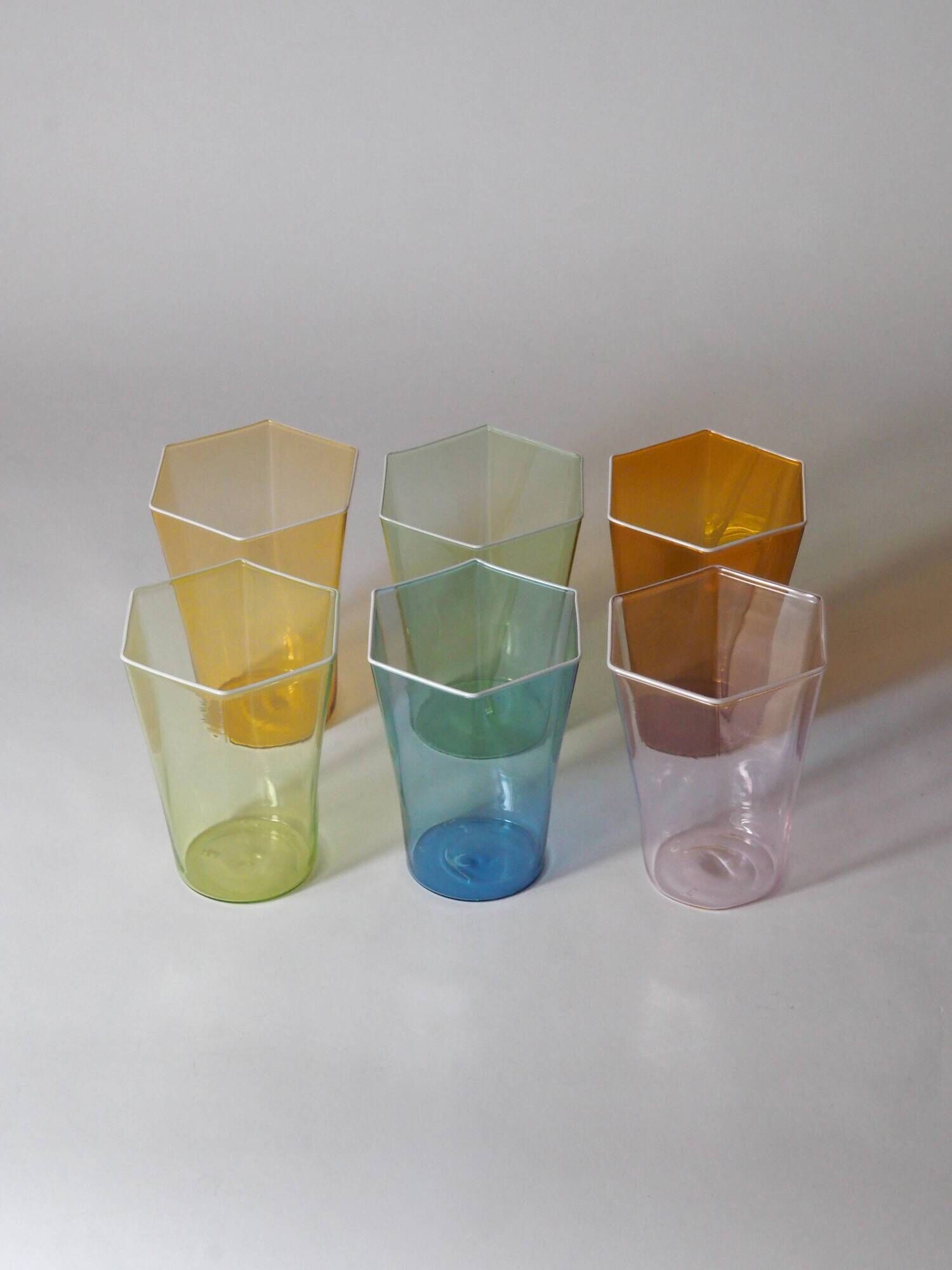 Set of six hexagonal Murano glass glasses handmade by Carlo Scarpa.