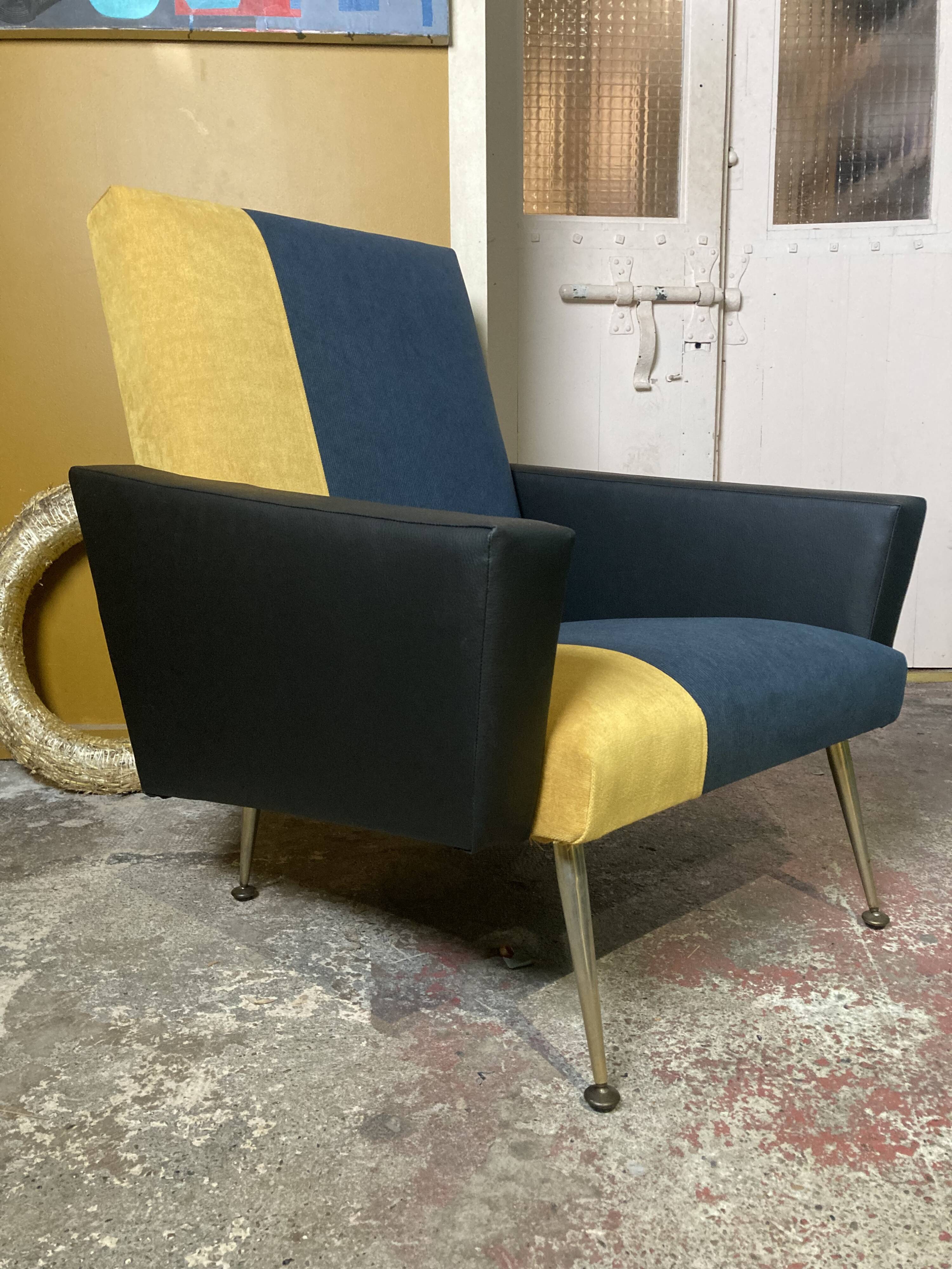 Armchair 70's velvet and leather