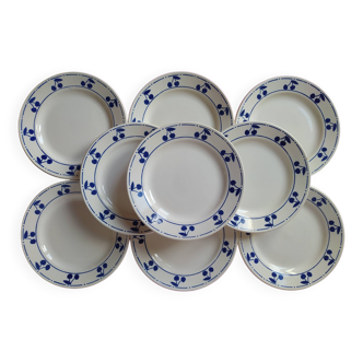 Assiettes à dessert x 9 à motif cerises bleues. Vintage.