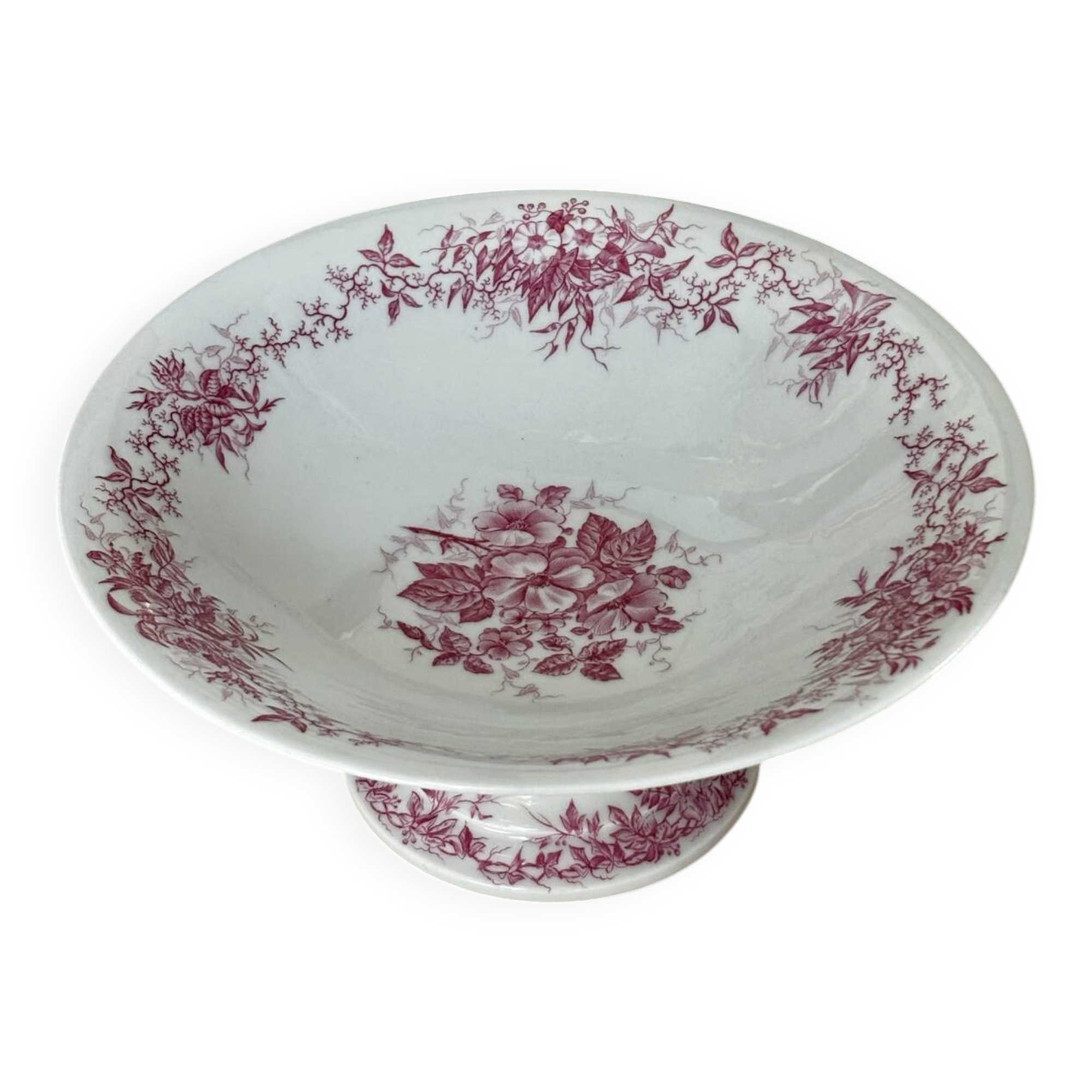 Magnificent antique compote fine porcelain with pink floral decoration.