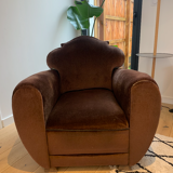 Pairs of brown velvet club armchairs