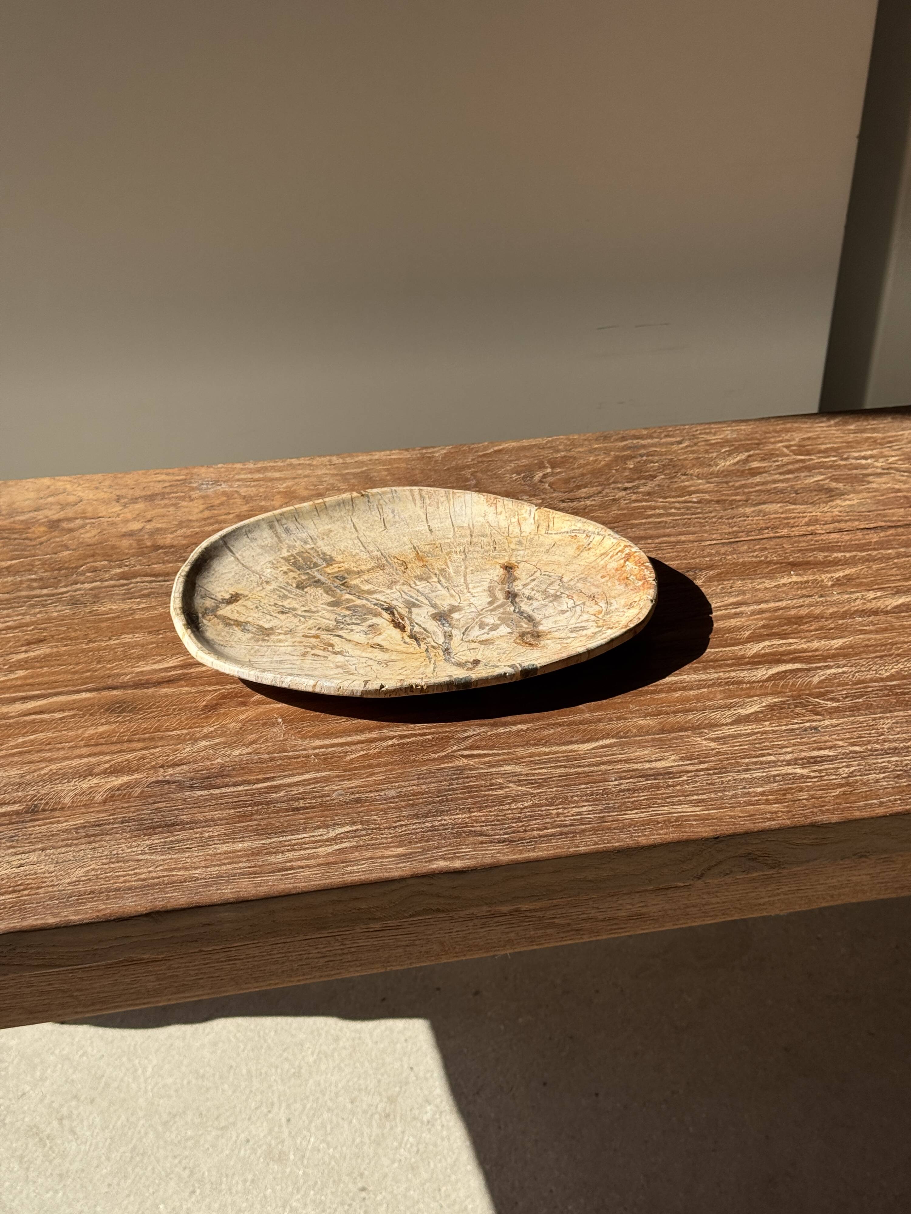 Small beige oval petrified wood dish or tray with crystals.