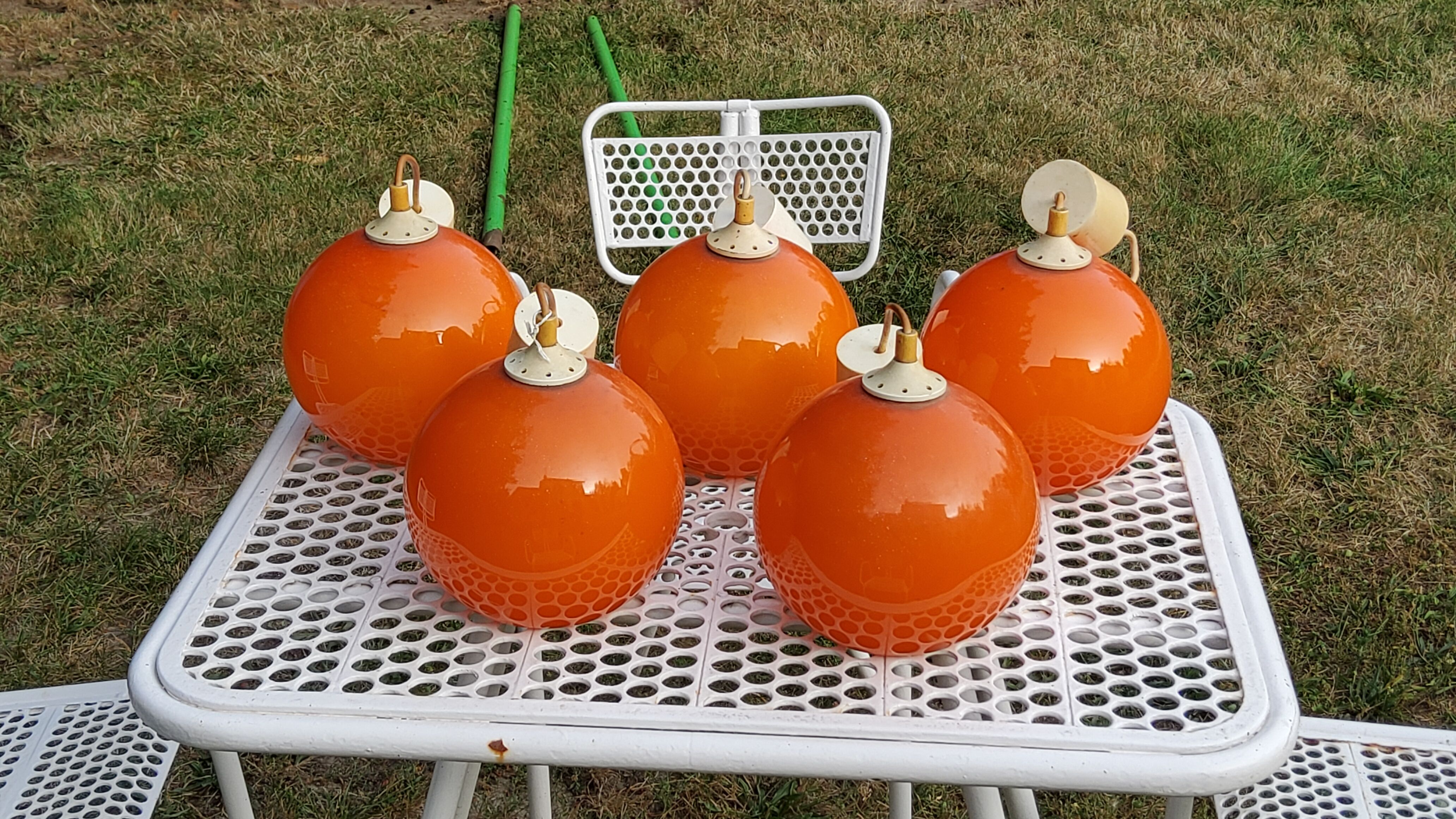 Set of 5 orange glass ball pendants from the 70s