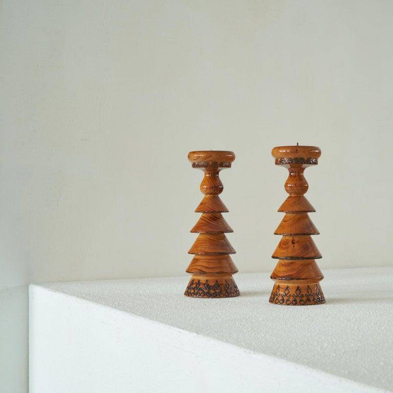Pair of Scandinavian lacquered wooden candle holders
