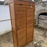 Double-column oak filing cabinet with curtains, 1950s.