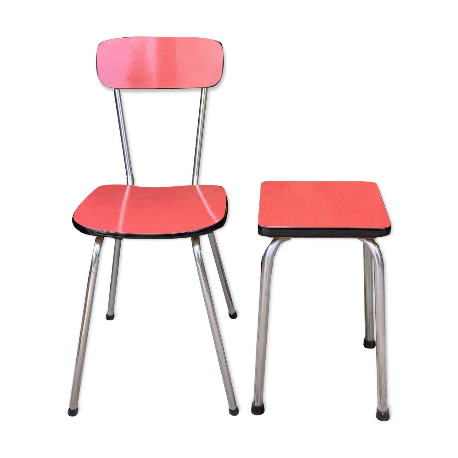 Red Formica chair and stool