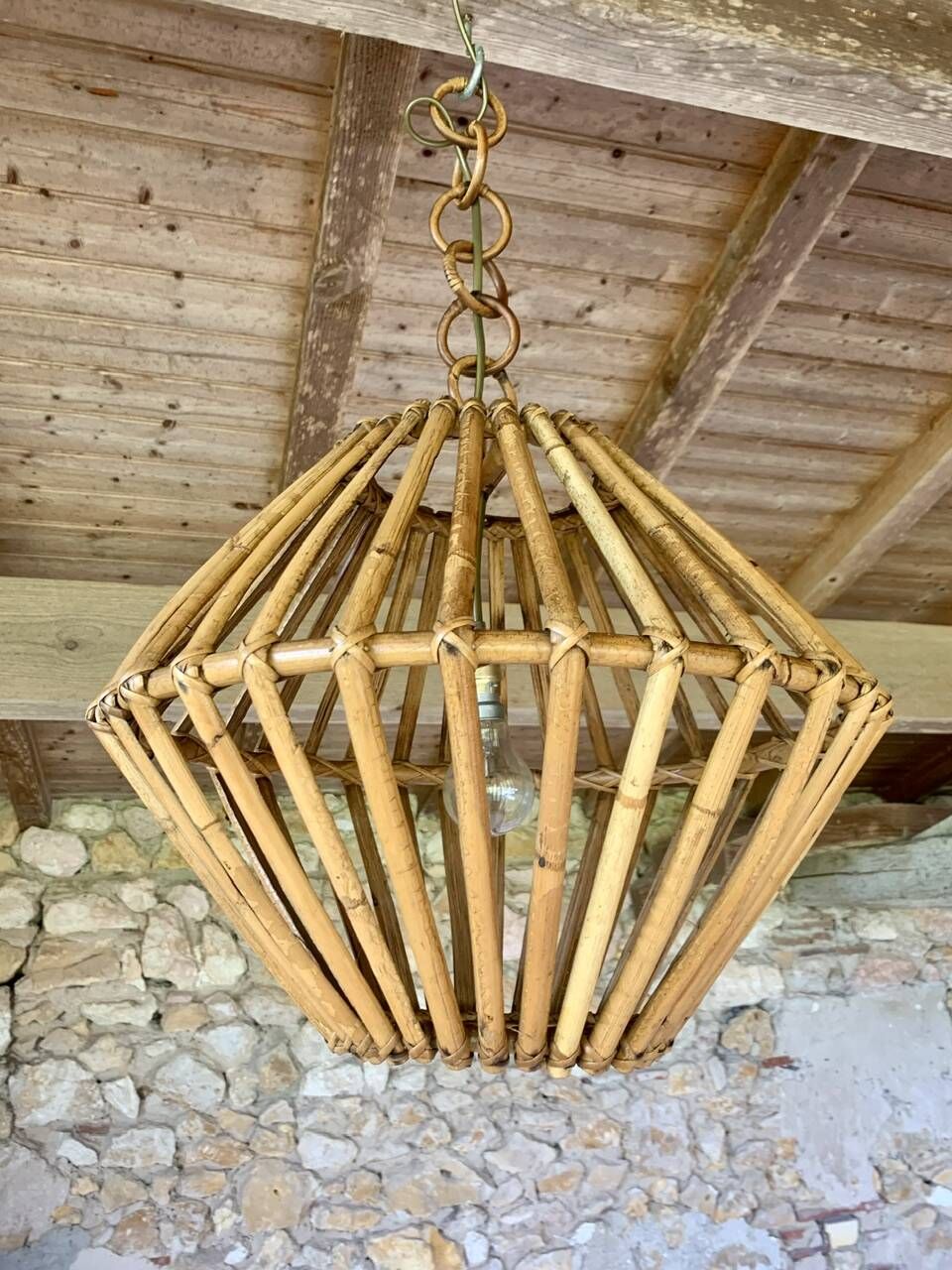 Large vintage pendant light in bamboo and rattan, circa 1960's