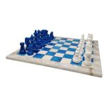 1970s Gorgeous Sky Blue and White Chess Set in Volterra Alabaster Handmade.
