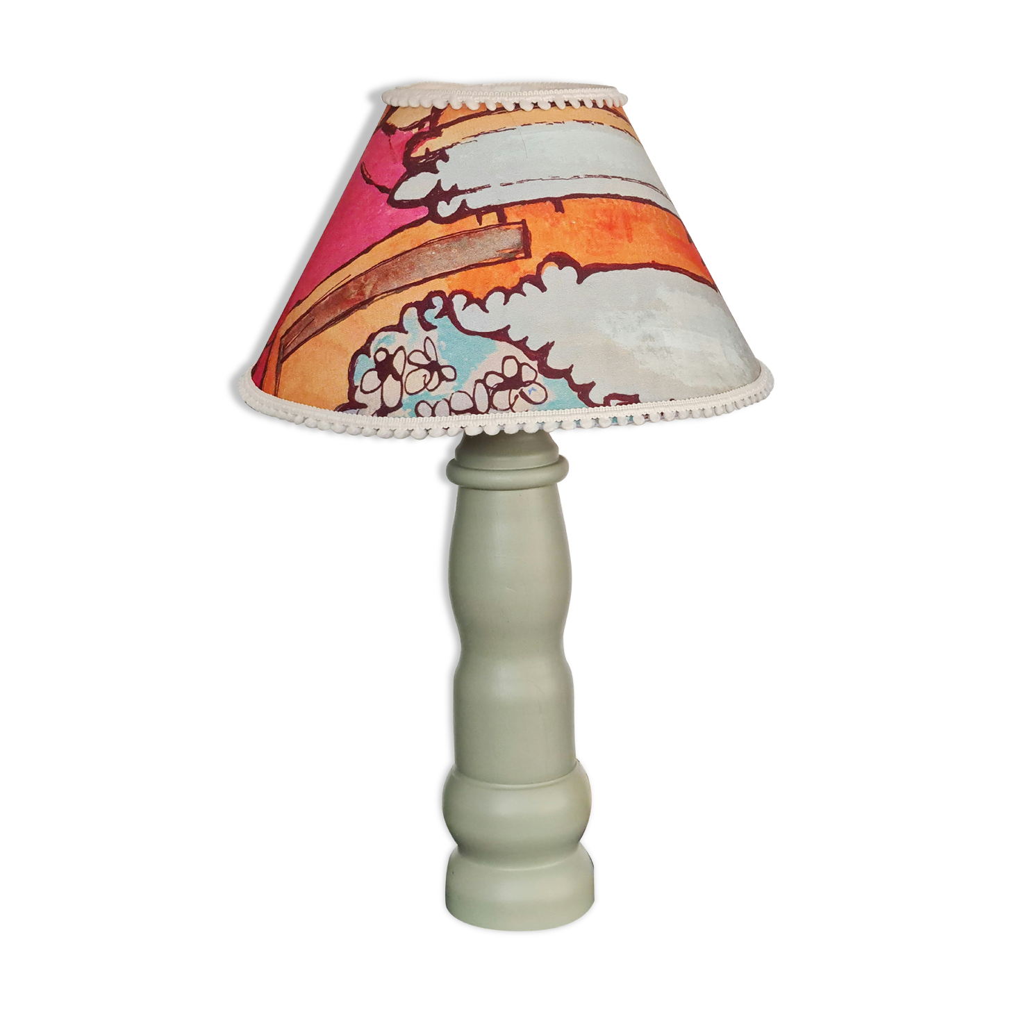 Wooden lamp foot made by cabinetmaker and abbat day fabrics Lalie Design