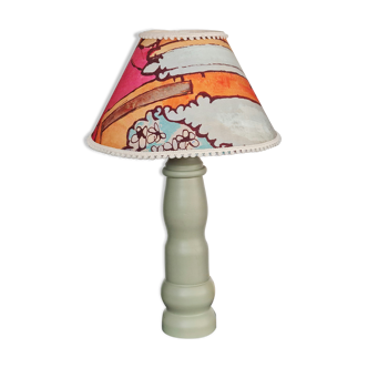 Wooden lamp foot made by cabinetmaker and abbat day fabrics Lalie Design