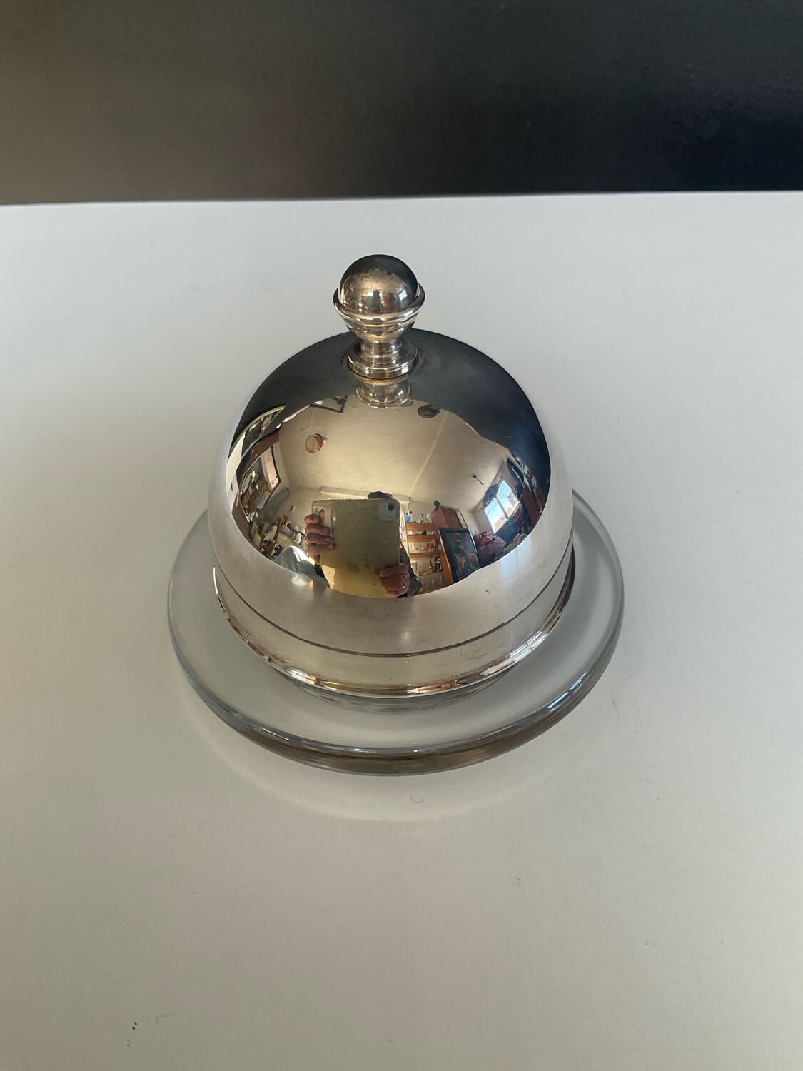 Silver-plated and glass bell-shaped butter dish from the 1970s.