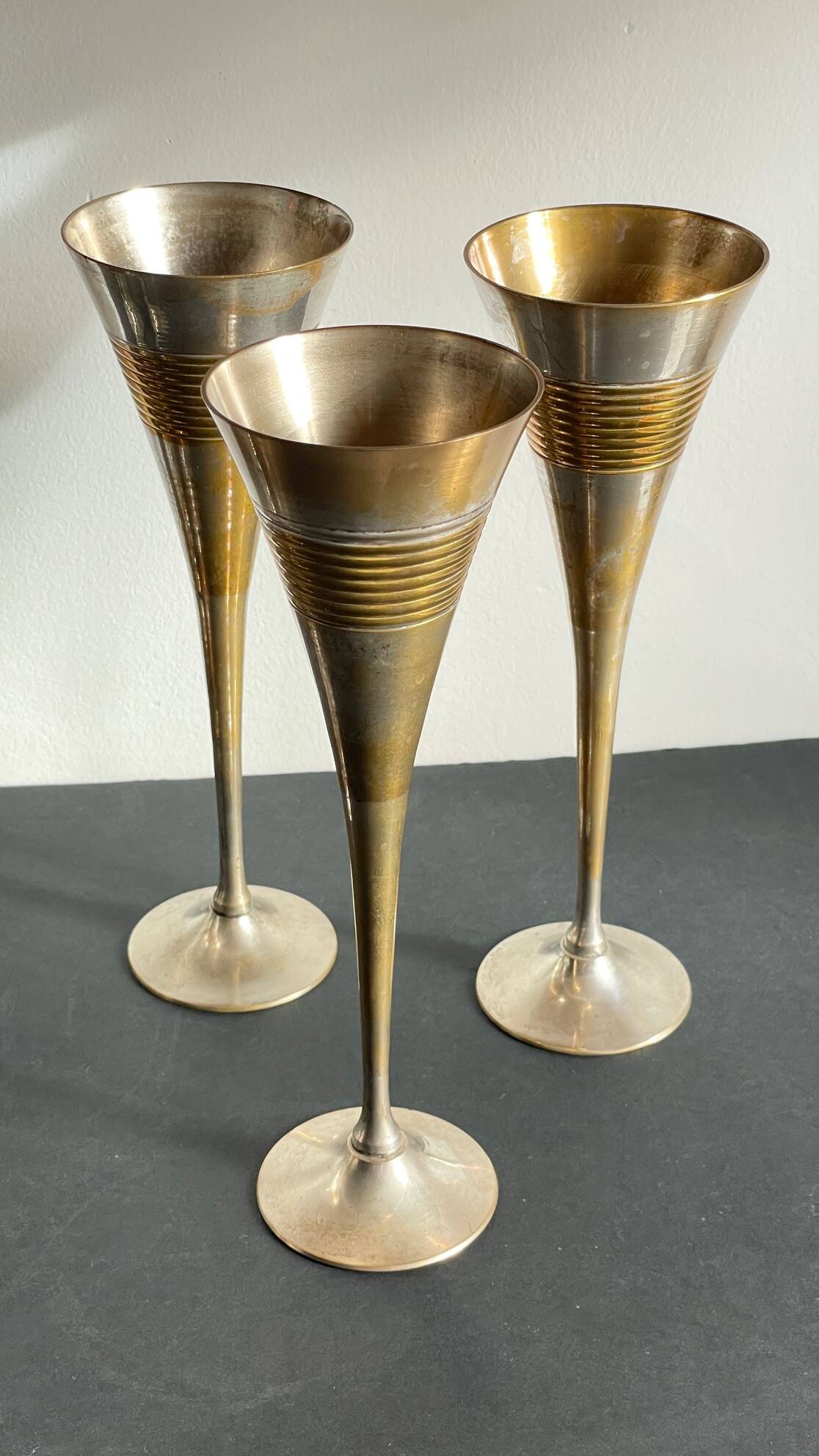 6 Vintage Silver-Plated Brass Champagne Flutes
