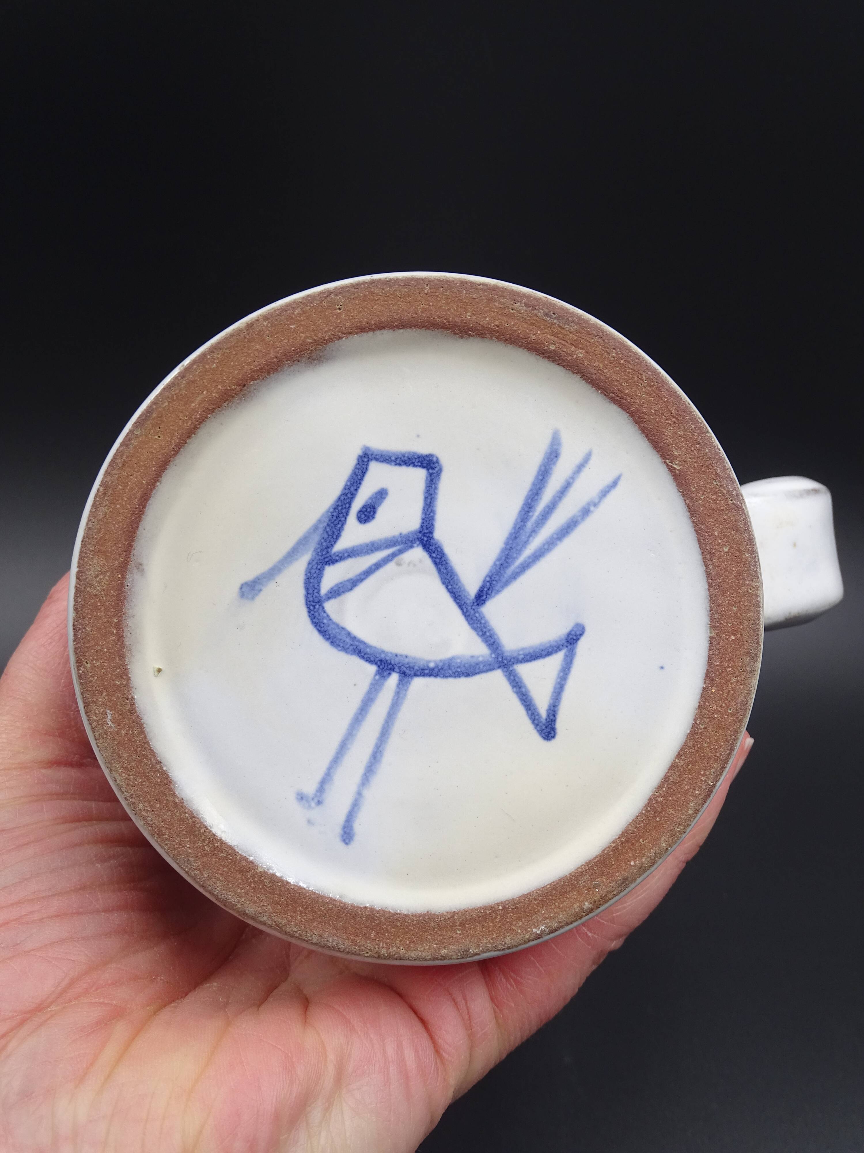 Enamelled terracotta pitcher, bird decoration engraved by Michel Barbier, Vallauris circa 1970