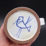 Enamelled terracotta pitcher, bird decoration engraved by Michel Barbier, Vallauris circa 1970