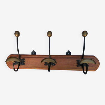 Antique coat rack with 3 double coat hooks steel & brass on molded oak plate