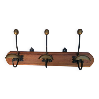 Antique coat rack with 3 double coat hooks steel & brass on molded oak plate