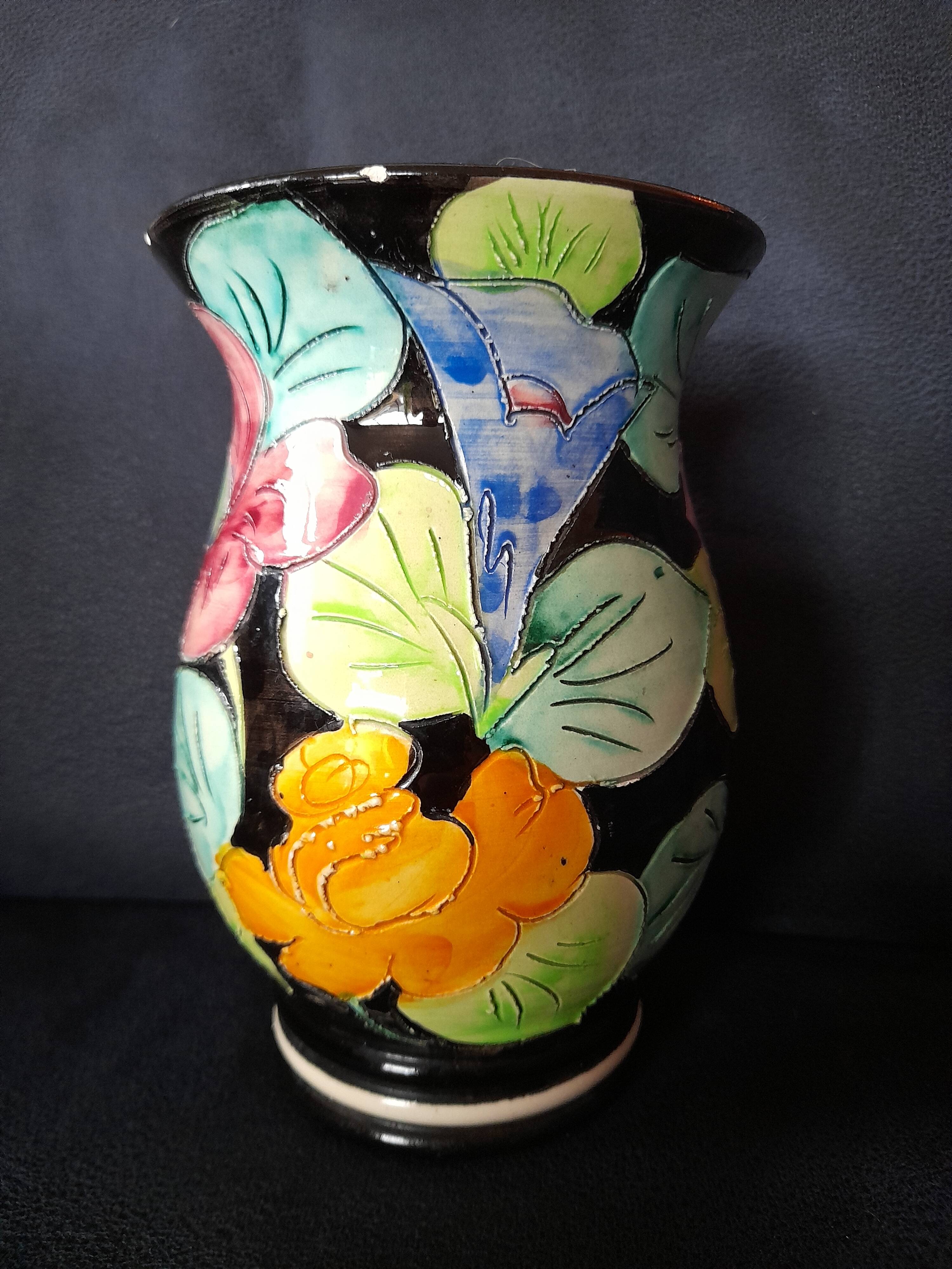Vallauris glazed ceramic vase with incised flower decoration