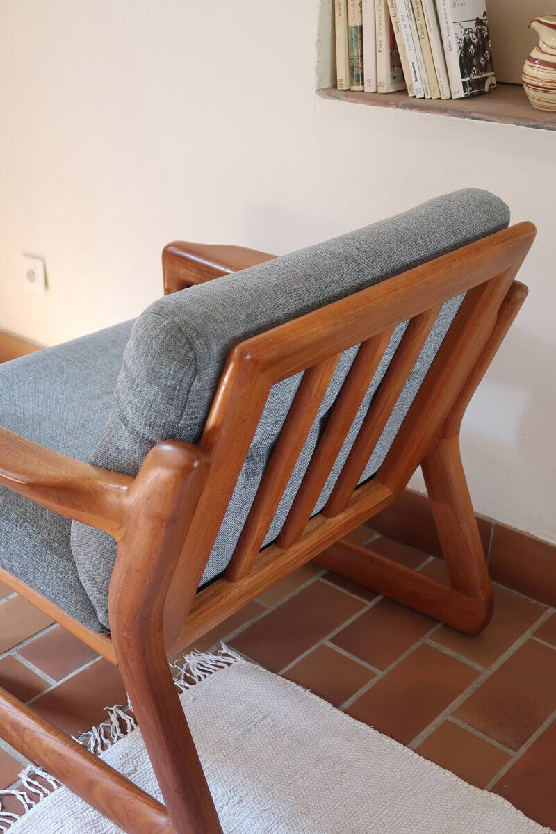 Scandinavian armchair teak Komfor blue-grey fabric 60's sled base