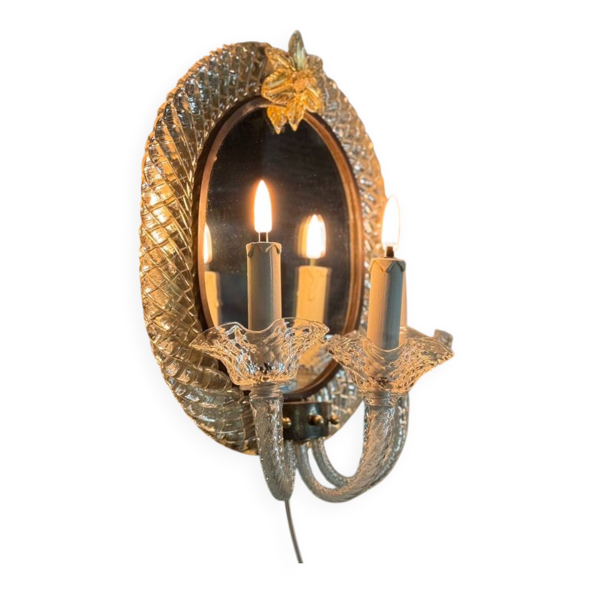 Pair of “trecchia” mirror wall lights, Venice, circa 1950, Murano glass inc.