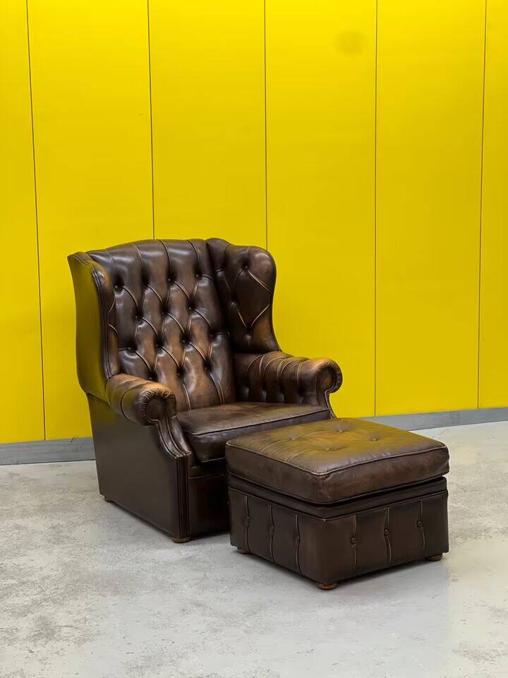 Brown leather chesterfield wing chair with Ottoman