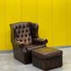 Brown leather chesterfield wing chair with Ottoman