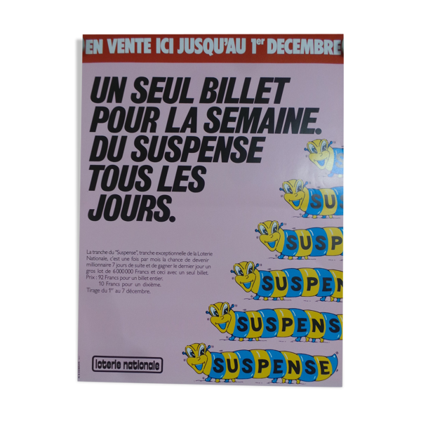 Affiche originale loterie nationale suspense un seul billet pour la semaine — Beyit
