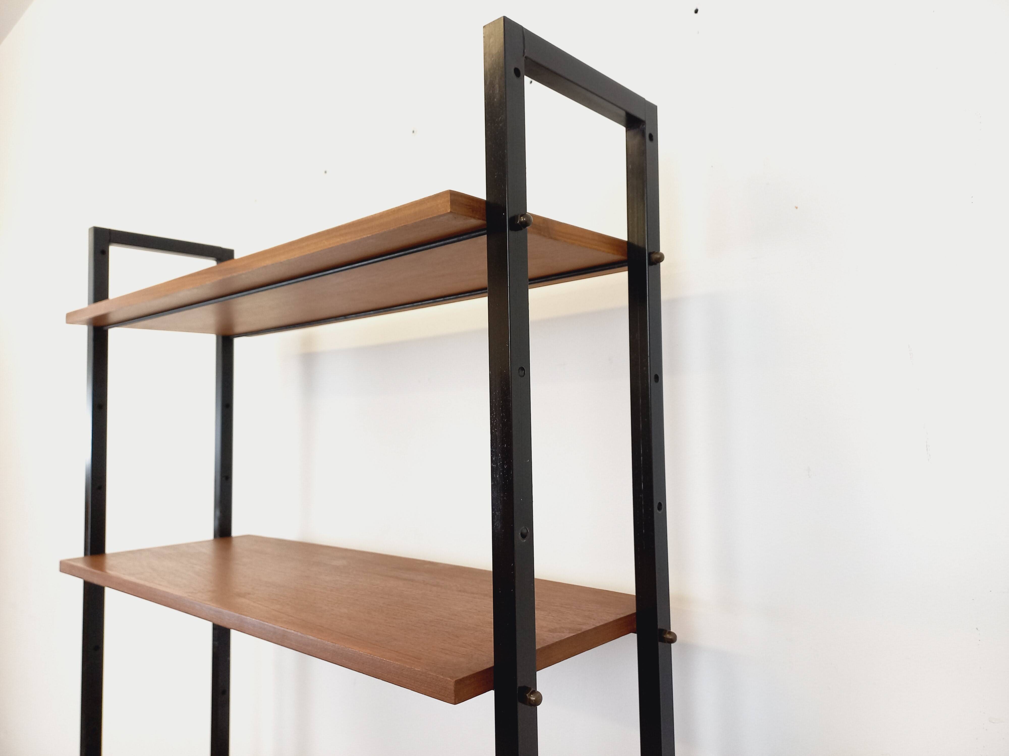 Vintage modular secretary bookshelf in teak and metal.