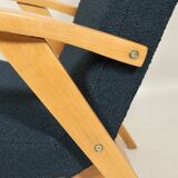 Fauteuil vintage scandinave bleu marin bouclé design moderne milieu siècle