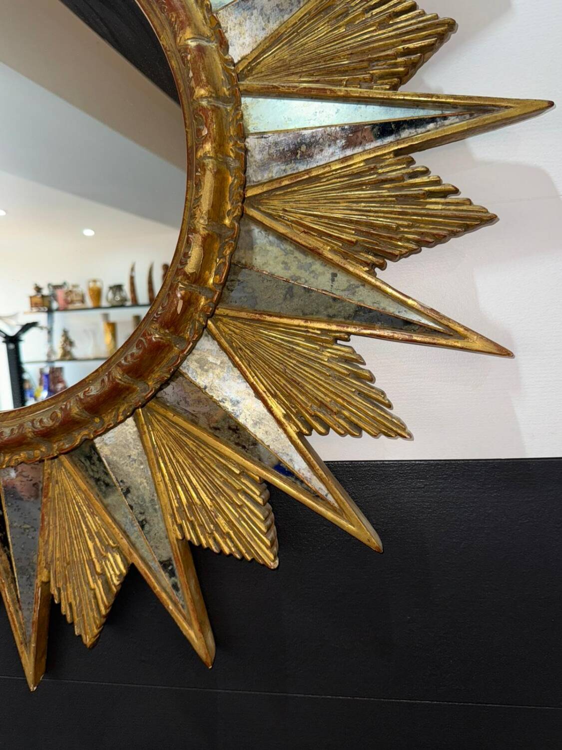 Miroir soleil doré a rayons en bois - années 50