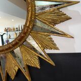 Miroir soleil doré a rayons en bois - années 50