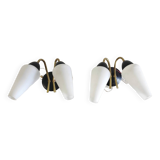 Appliques moderniste double feux métal doré et opaline - années 50/60