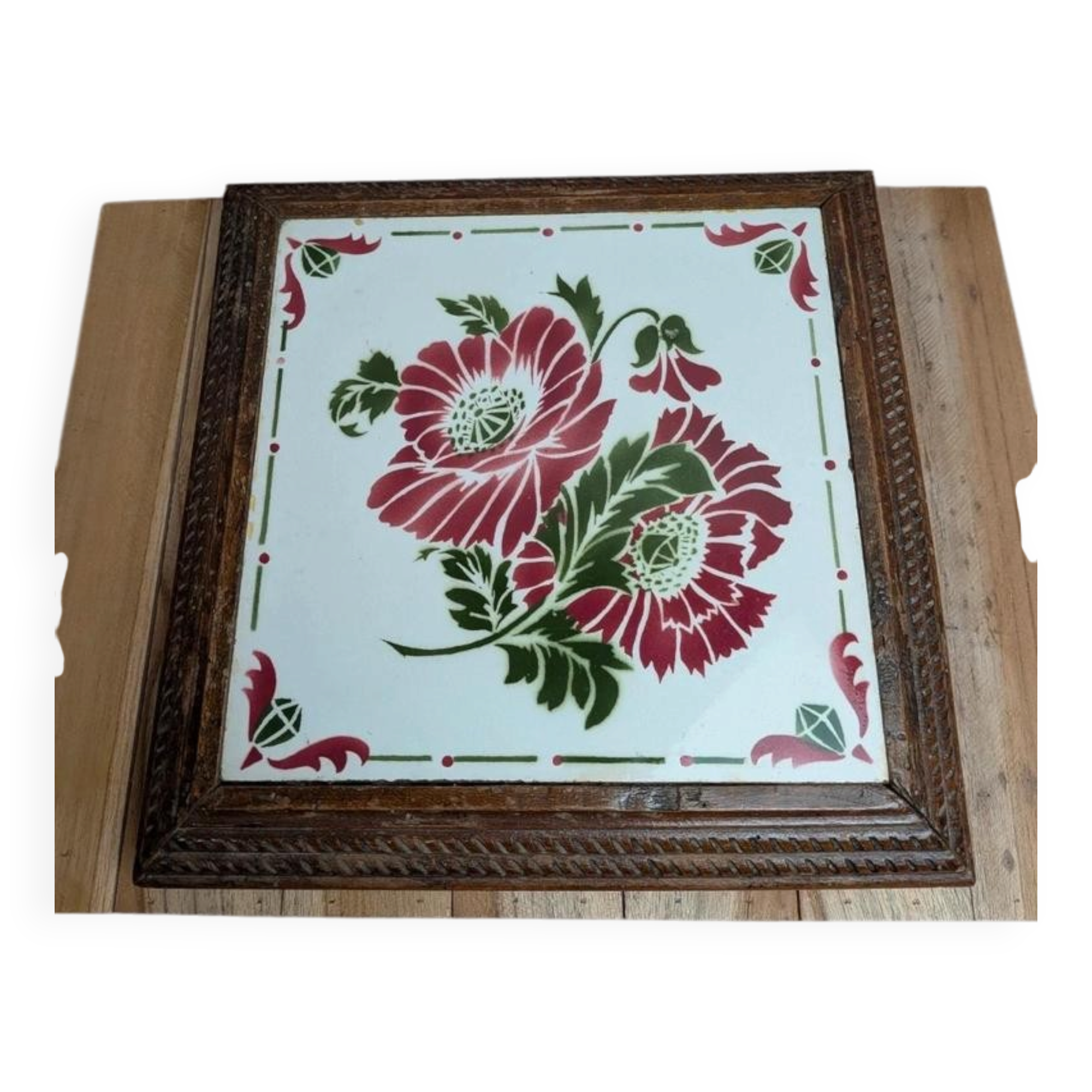 Dessous de plat ancien bois & faïence florale