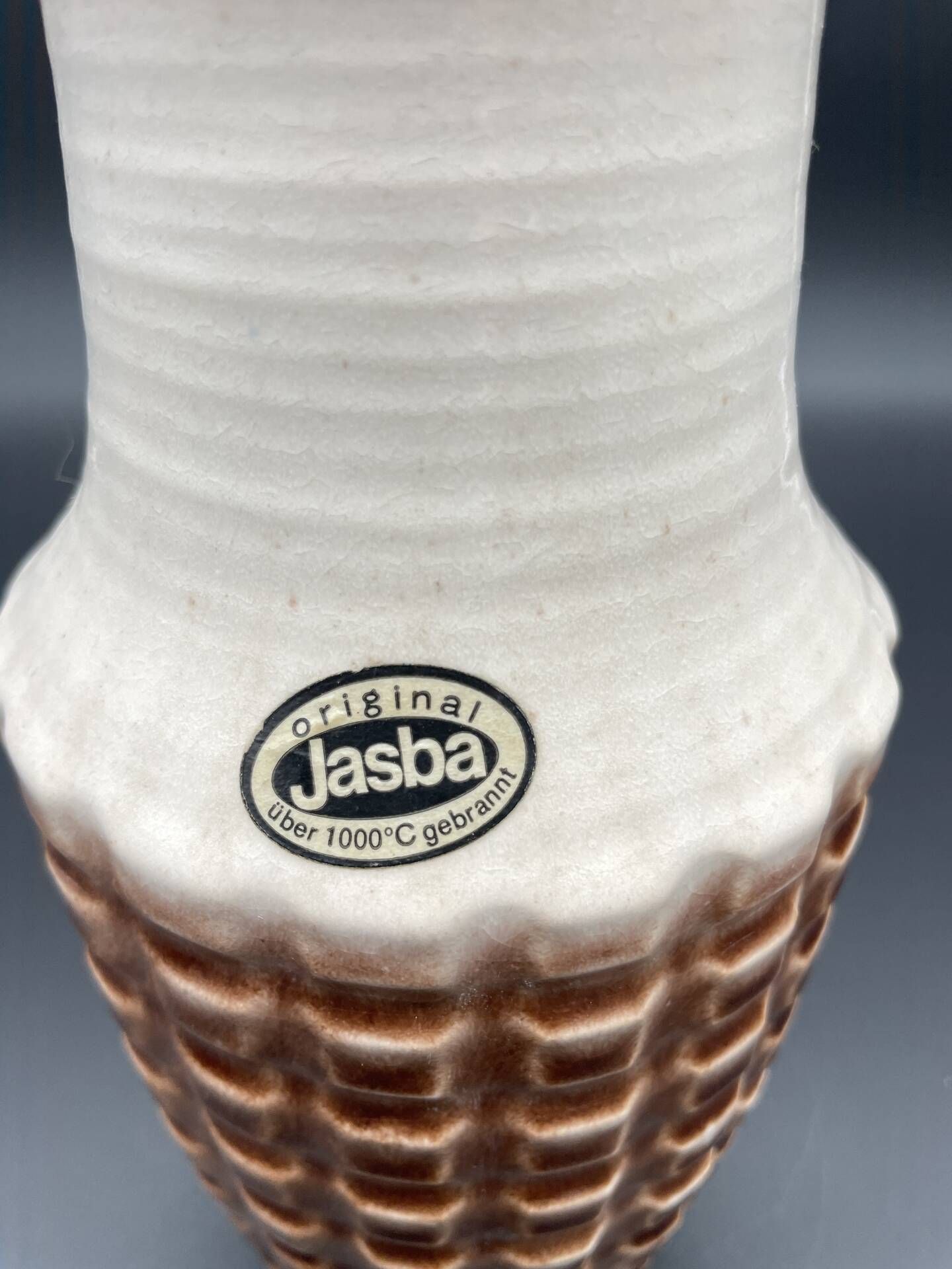 Vintage Jasba ceramic vase – brown and white geometric relief – A