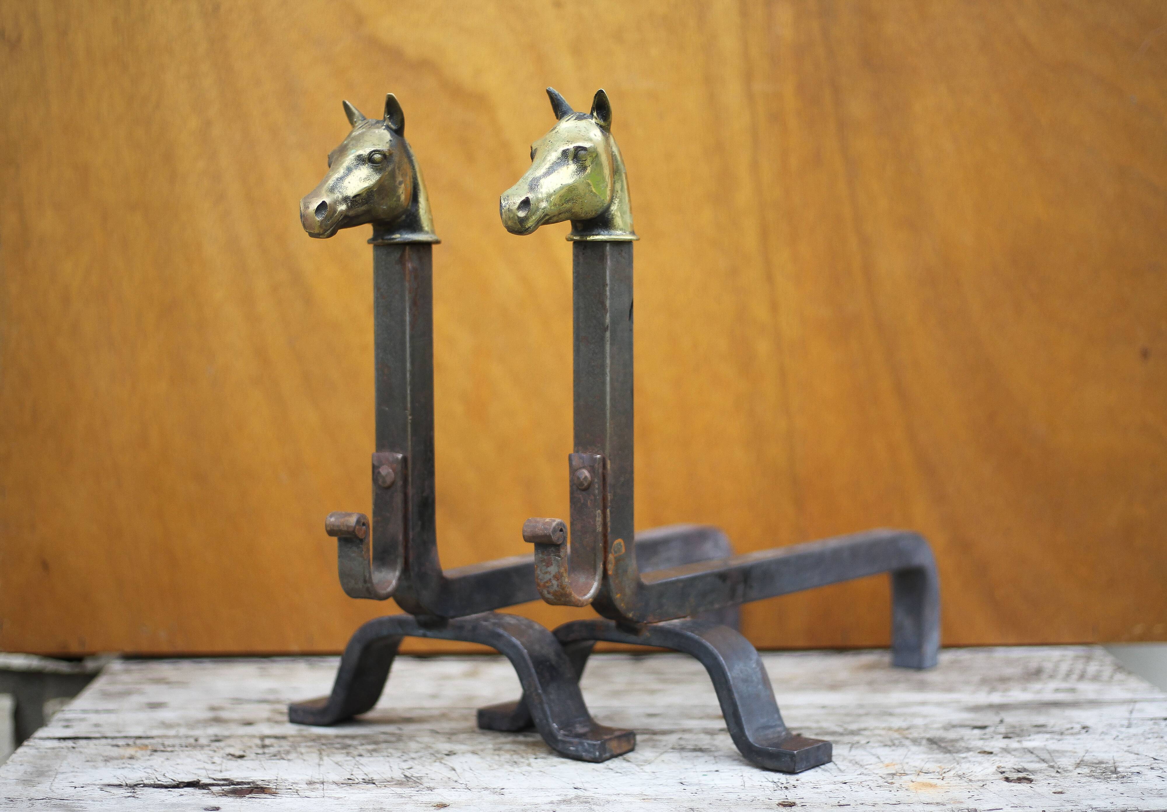 Vintage fireplace andirons, pair of cast iron animal andirons, brass horse head