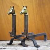 Vintage fireplace andirons, pair of cast iron animal andirons, brass horse head