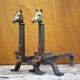 Vintage fireplace andirons, pair of cast iron animal andirons, brass horse head