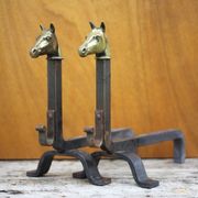 Vintage fireplace andirons, pair of cast iron animal andirons, brass horse head