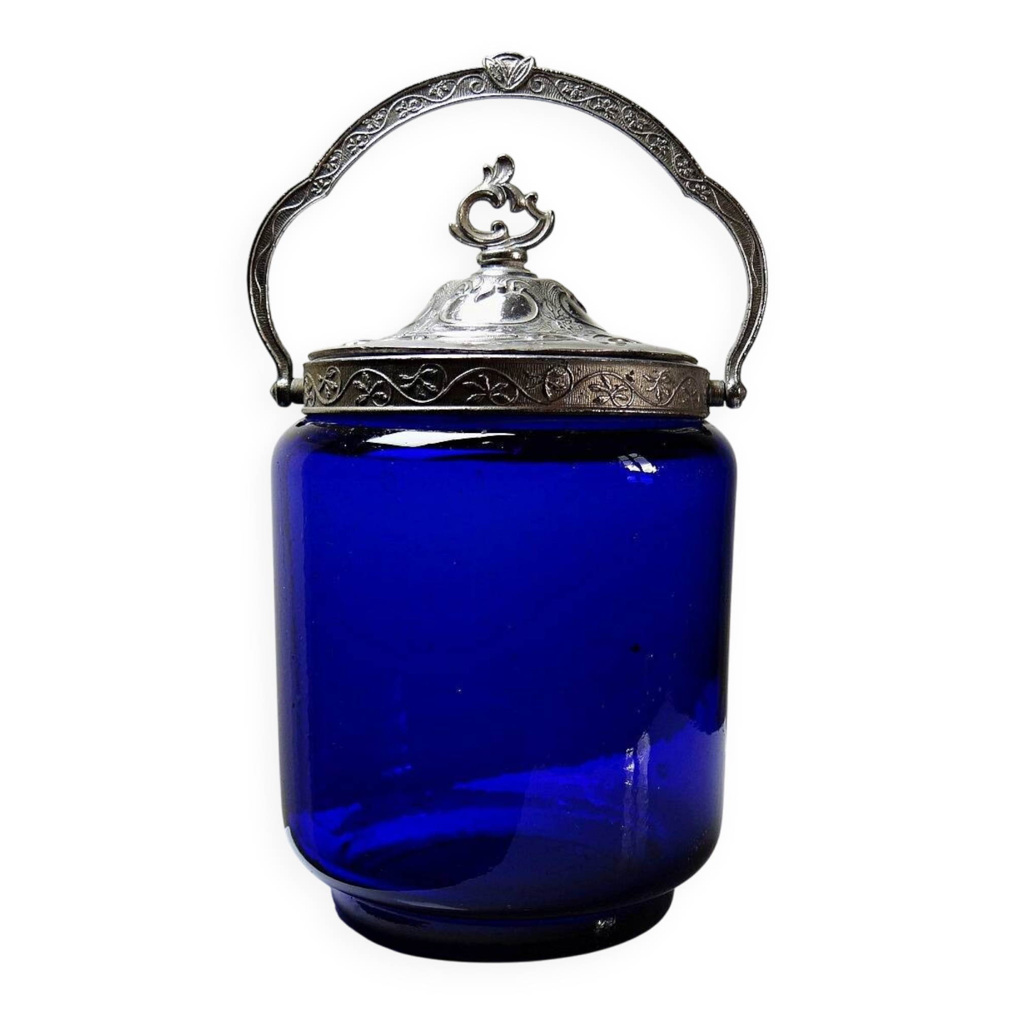 Antique biscuit jar/sweet jar, cobalt blue glass and silver-plated metal, early 20th century.