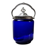 Antique biscuit jar/sweet jar, cobalt blue glass and silver-plated metal, early 20th century.