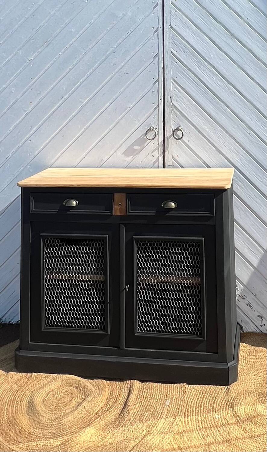 Antique Parisian sideboard in raw solid wood and matte black