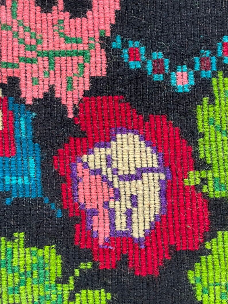 Romanian wool vintage carpet floral design and brown leaves