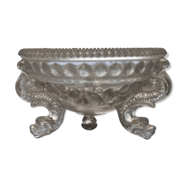 Compotier en verre pressé antique Portieux – Plat en forme de dauphin, poisson et coquillage