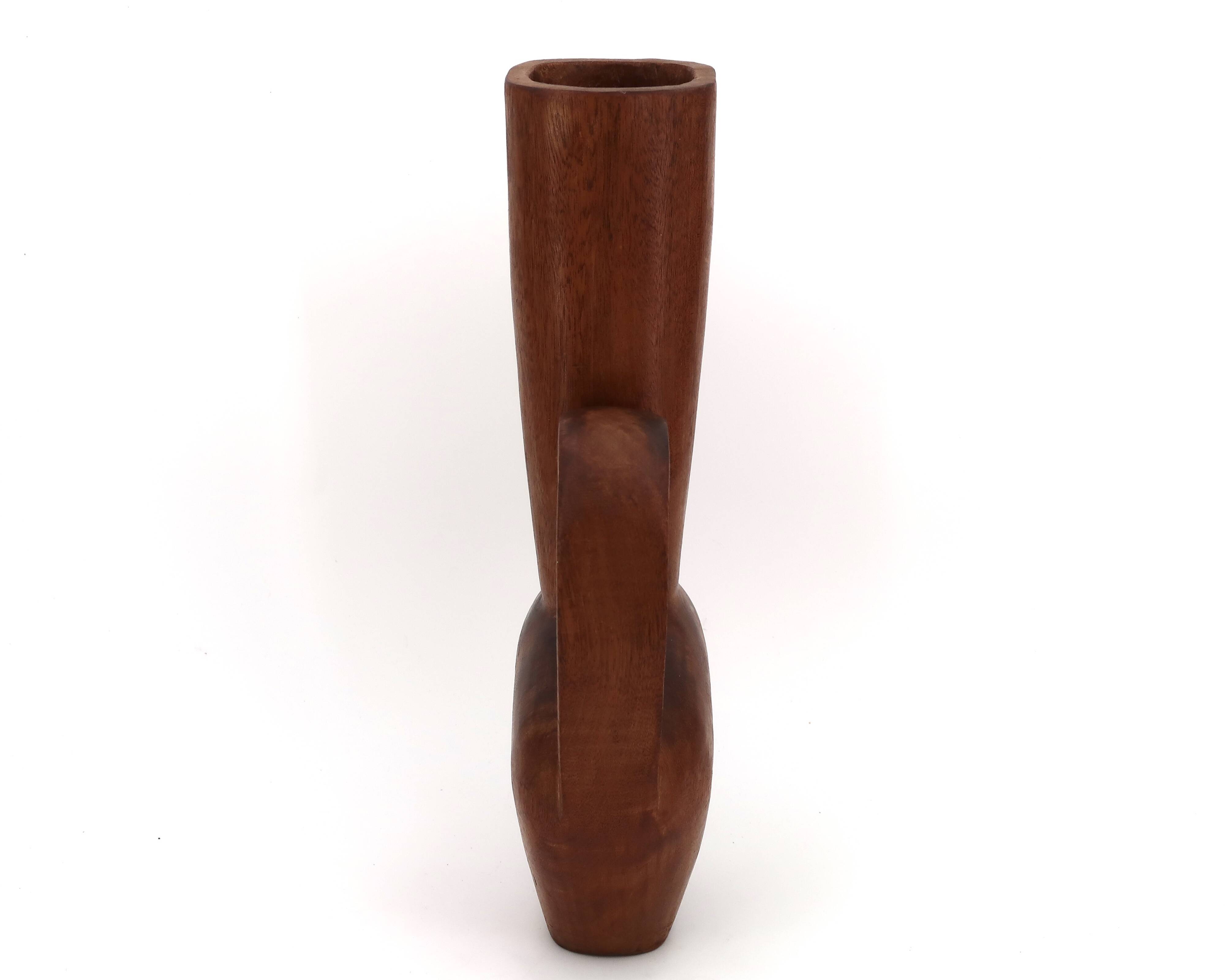 Grand vase jarre à anses sculptural en bois, années 50
