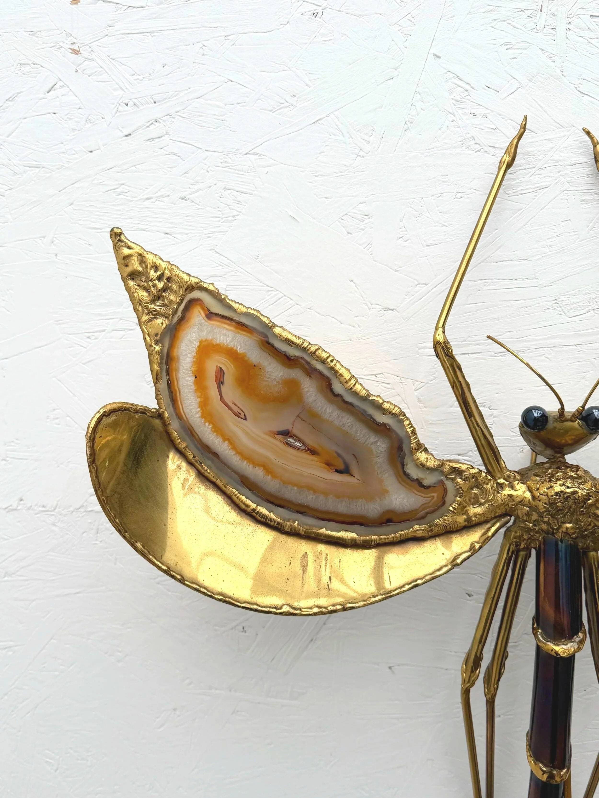 "Libellule" wall light by Jacques Duval Brasseur in brass and agate, 1970.