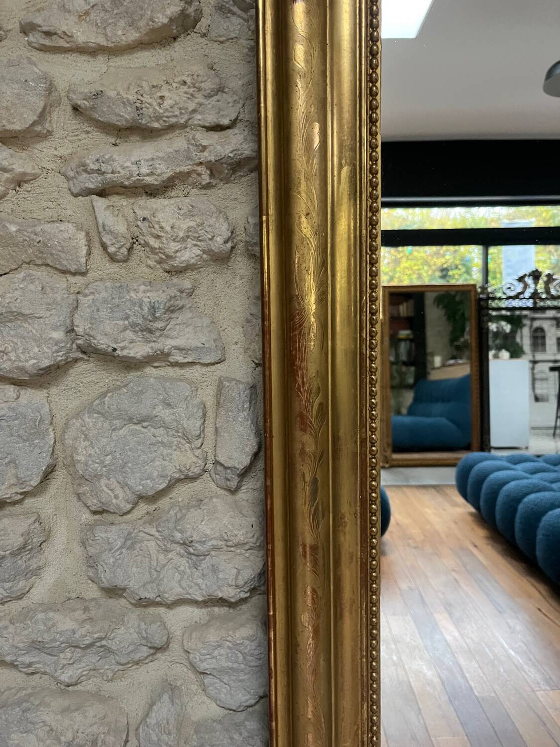 Antique mirror 173/94.5cm Louis-Philippe with a pediment and beaded overmantel.