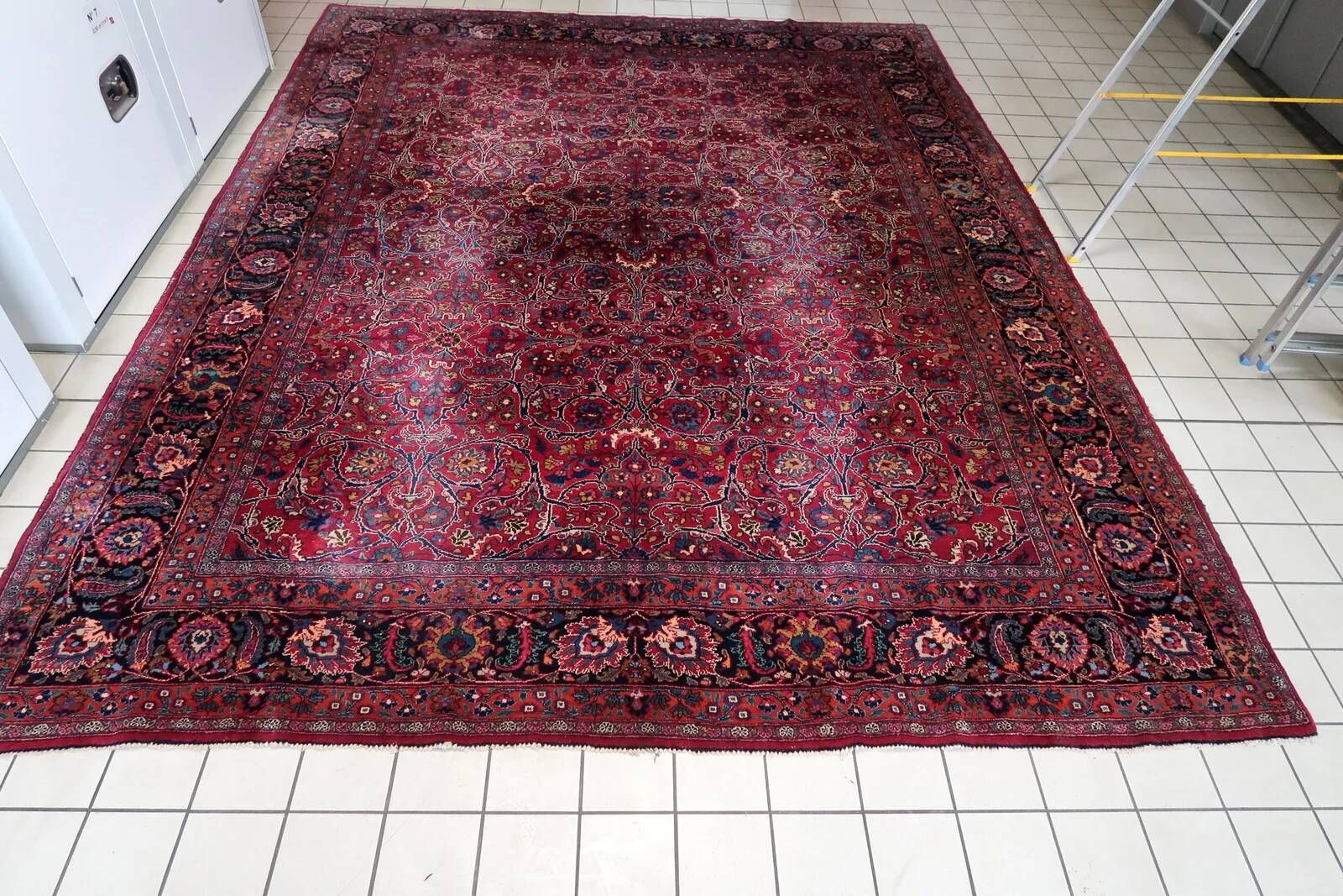 1920s Handmade Antique Wool Floral Rug, Red & Navy, 313 × 396 cm - 1C1303