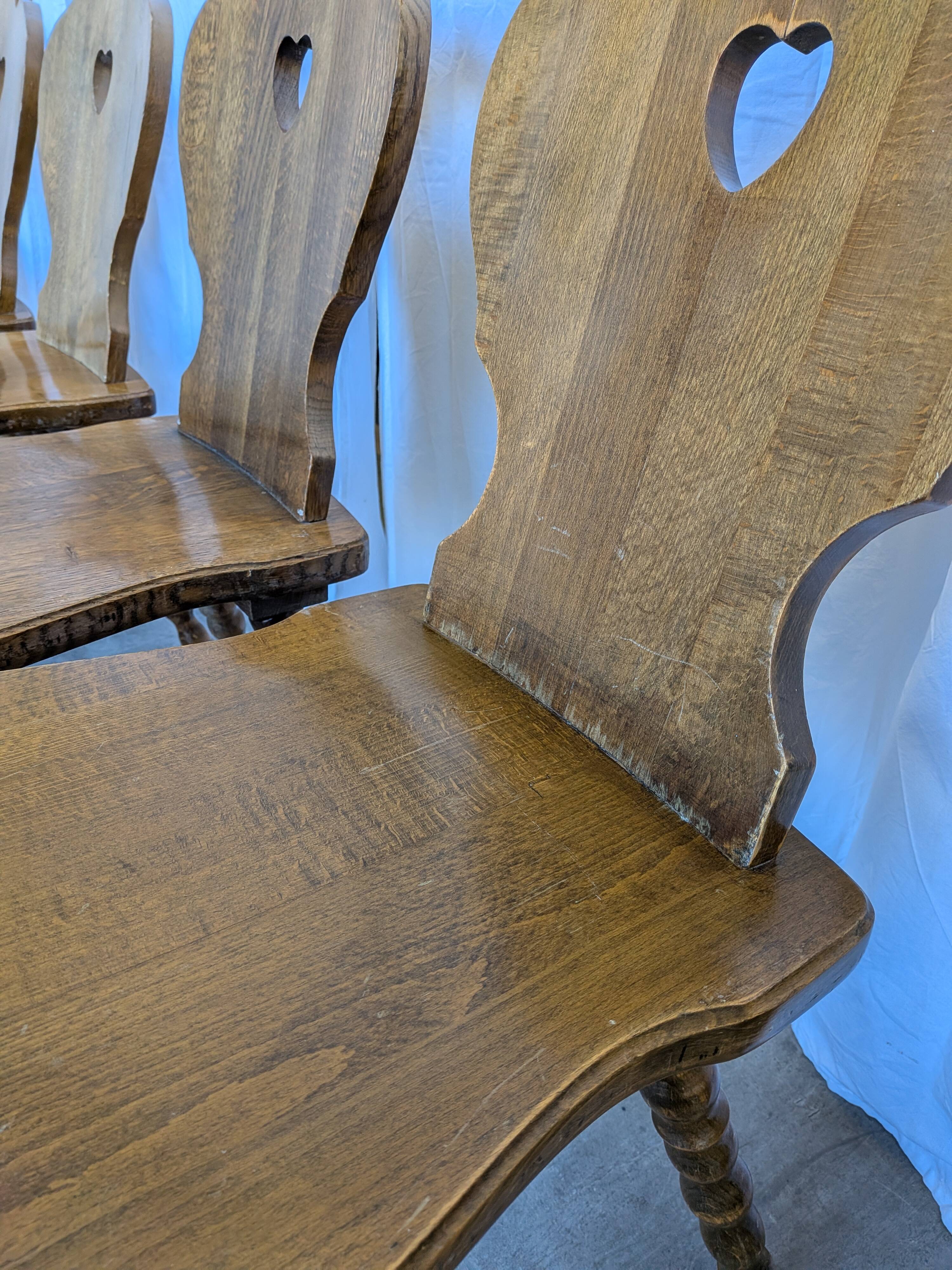 Set of 6 Vintage Tyrolean Heart Cutout Wooden Dining Chairs / Darker Brown