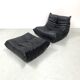 Togo chair and pouffe-black leather attributed to Ducaroy for Ligne Roset.