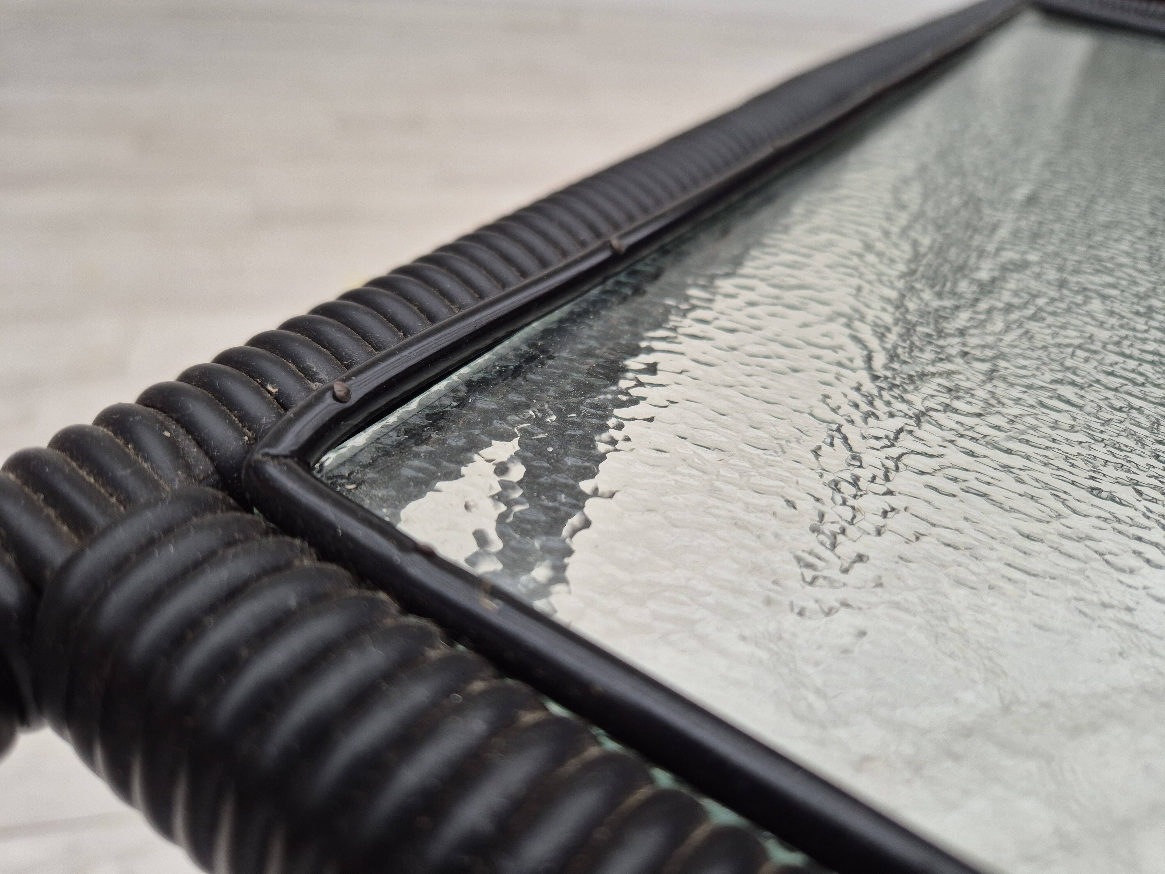 1970s, Scandinavian side table, original condition, glass, wood, metal, plastic rope.