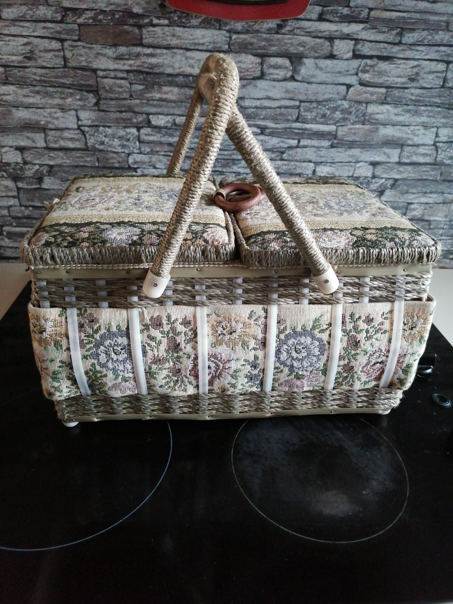 Box basket sewing 2 handles fabric 1960 1970